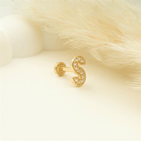 Dianora Piercing-14 Ayar Altın Taşlı Düz S Harfi Tragus Piercing-Taşlı Düz Harf Tragus Piercing-3-Milagron.com