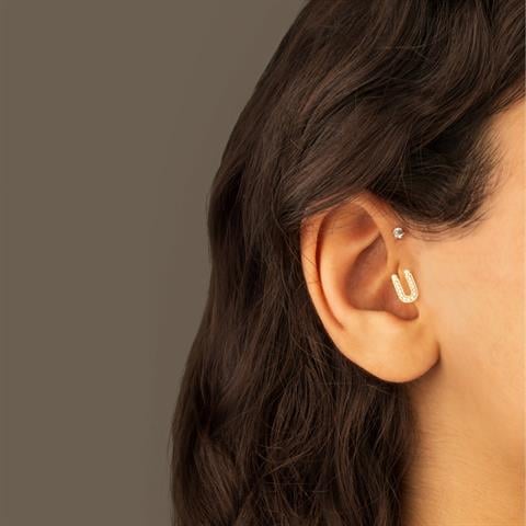 Dianora Piercing-14 Ayar Altın Taşlı Düz Ü Harfi Tragus Piercing-Tragus Piercing-2-Milagron.com