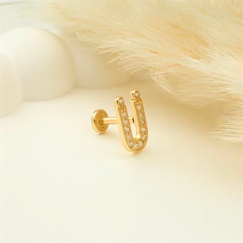 Dianora Piercing-14 Ayar Altın Taşlı Düz Ü Harfi Tragus Piercing-Tragus Piercing-3-Milagron.com