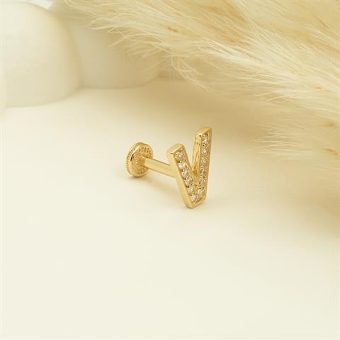 Dianora Piercing-14 Ayar Altın Taşlı Düz V Harfi Tragus Piercing-Tragus Piercing-5-Milagron.com