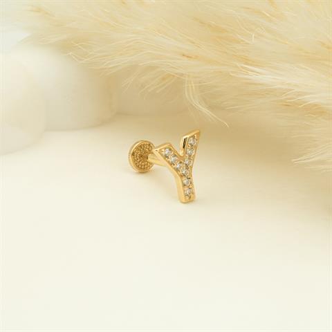 Dianora Piercing-14 Ayar Altın Taşlı Düz Y Harfi Tragus Piercing-Tragus Piercing-5-Milagron.com