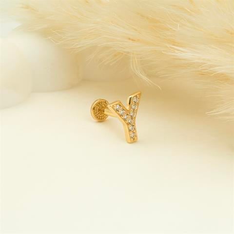 Dianora Piercing-14 Ayar Altın Taşlı Düz Y Harfi Tragus Piercing-Tragus Piercing-6-Milagron.com