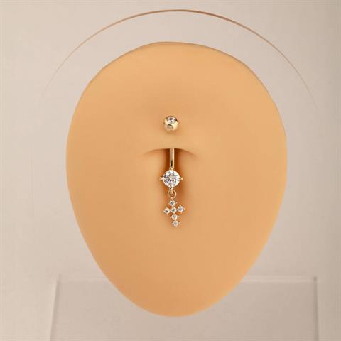 14 Ayar Altın Taşlı Haç Sallantılı Göbek Piercing