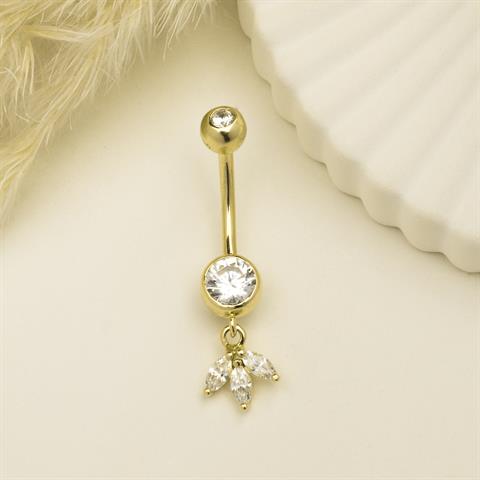 14 Ayar Altın Taşlı Lotus Çiçek Sallantılı Göbek Piercing