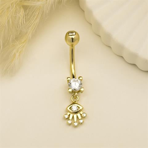 14 Ayar Altın Taşlı Sallantılı Göbek Piercing - 5