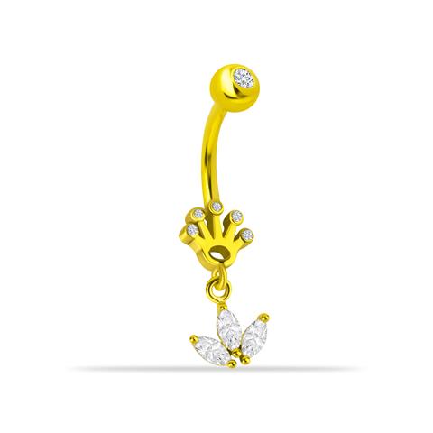 14 Ayar Altın Taşlı Taç Motifli Markis Taş Sallantılı Göbek Piercing - 1