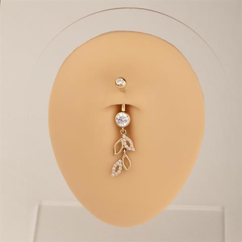 14 Ayar Altın Taşlı Yaprak Sallantılı Göbek Piercing