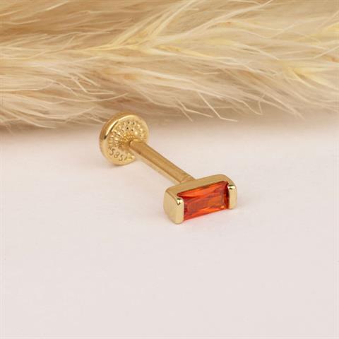 Dianora Piercing-14 Ayar Altın Turuncu Baget Taşlı Minimal Tragus Piercing-Renkli Taşlar Koleksiyonu-3-Milagron.com
