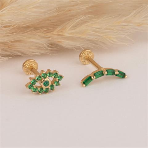 Dianora Piercing-14 Ayar Altın Yeşil Taşlı Göz Minimal Tragus Piercing-Tragus Piercing-5-Milagron.com