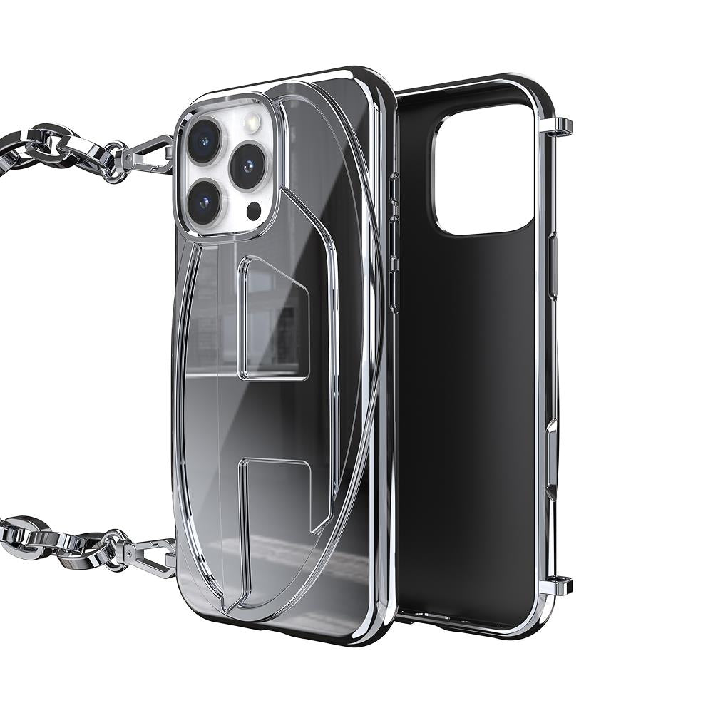 Diesel Iphone 16 Pro Max Uyumlu Oval D Parlak Zincirli Kılıf - Gümüş