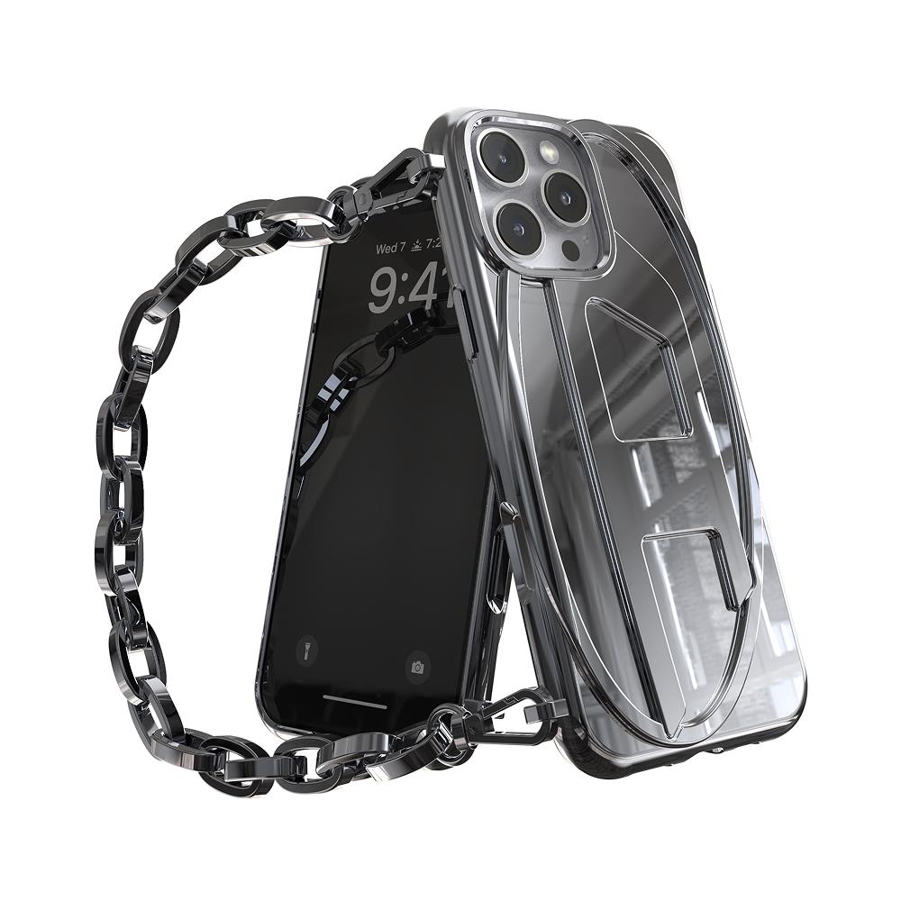 Diesel Iphone 16 Pro Max Uyumlu Oval D Parlak Zincirli Kılıf - Gümüş