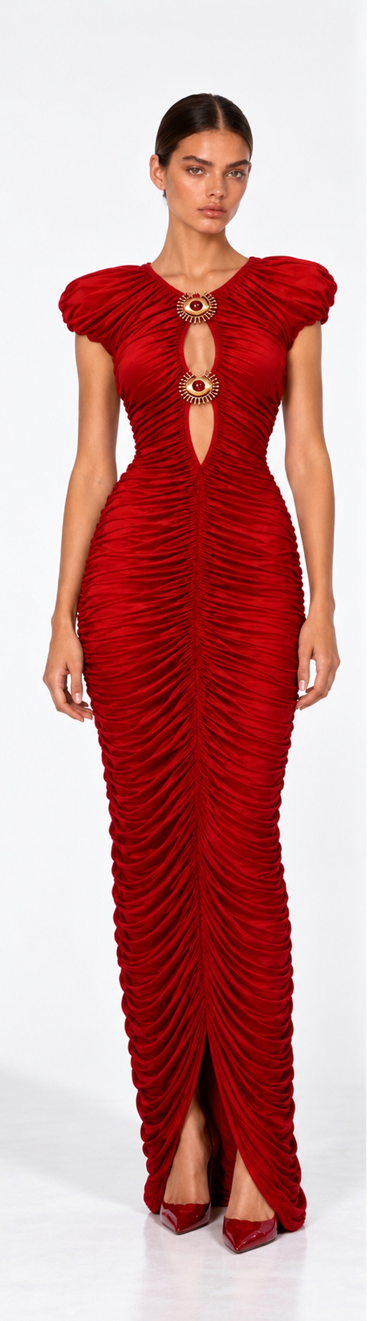 Eye-Clasp Ruched Maxi Dress