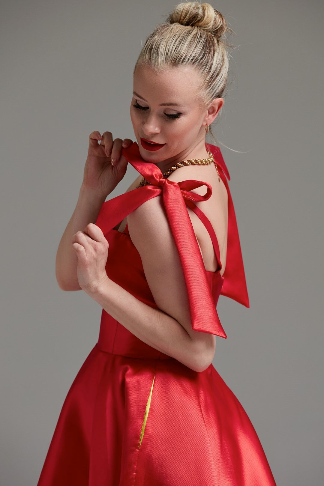 Dollie Bell-Cutest Ribbon Kurdele Detaylı Kalp Yaka Midi Elbise Kırmızı-Lover Doll, Platform-5-Milagron.com