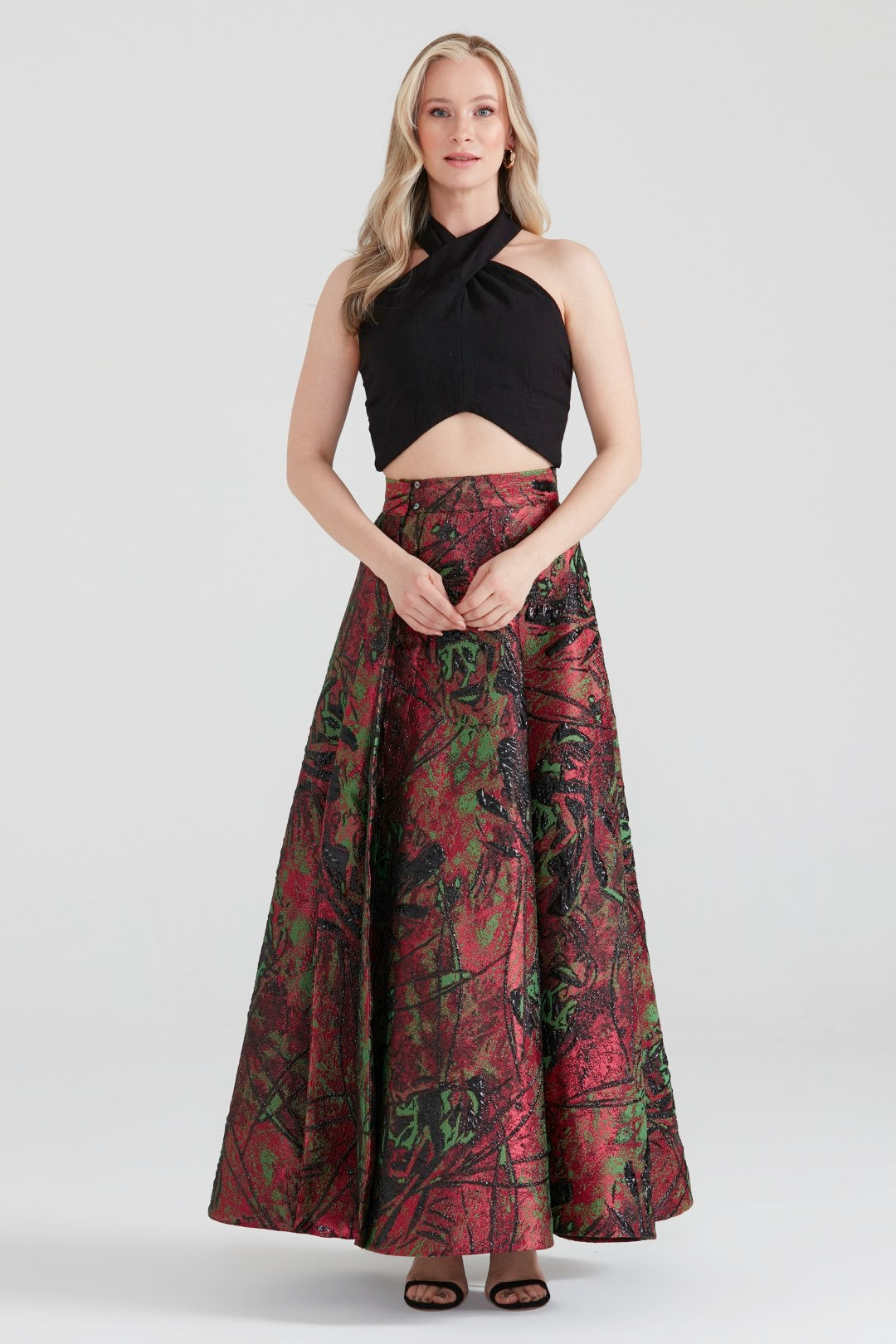 Dollie Bell-Shine Yarım Daire Fermuar Detaylı Yırtmaçlı Maxi Etek Kırmızı-Etek-1-Milagron.com