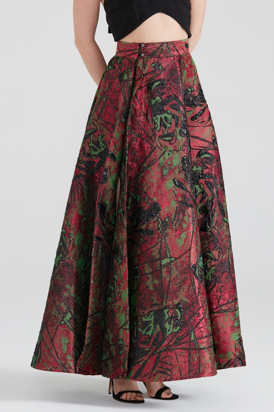 Dollie Bell-Shine Yarım Daire Fermuar Detaylı Yırtmaçlı Maxi Etek Kırmızı-Etek-6-Milagron.com