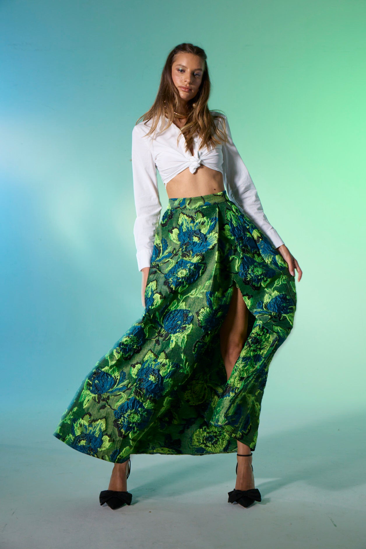 Dollie Bell-Top Star Pileli Yırtmaçlı Maxi Etek / Mavi Yeşil-Flaming Star, Platform-2-Milagron.com