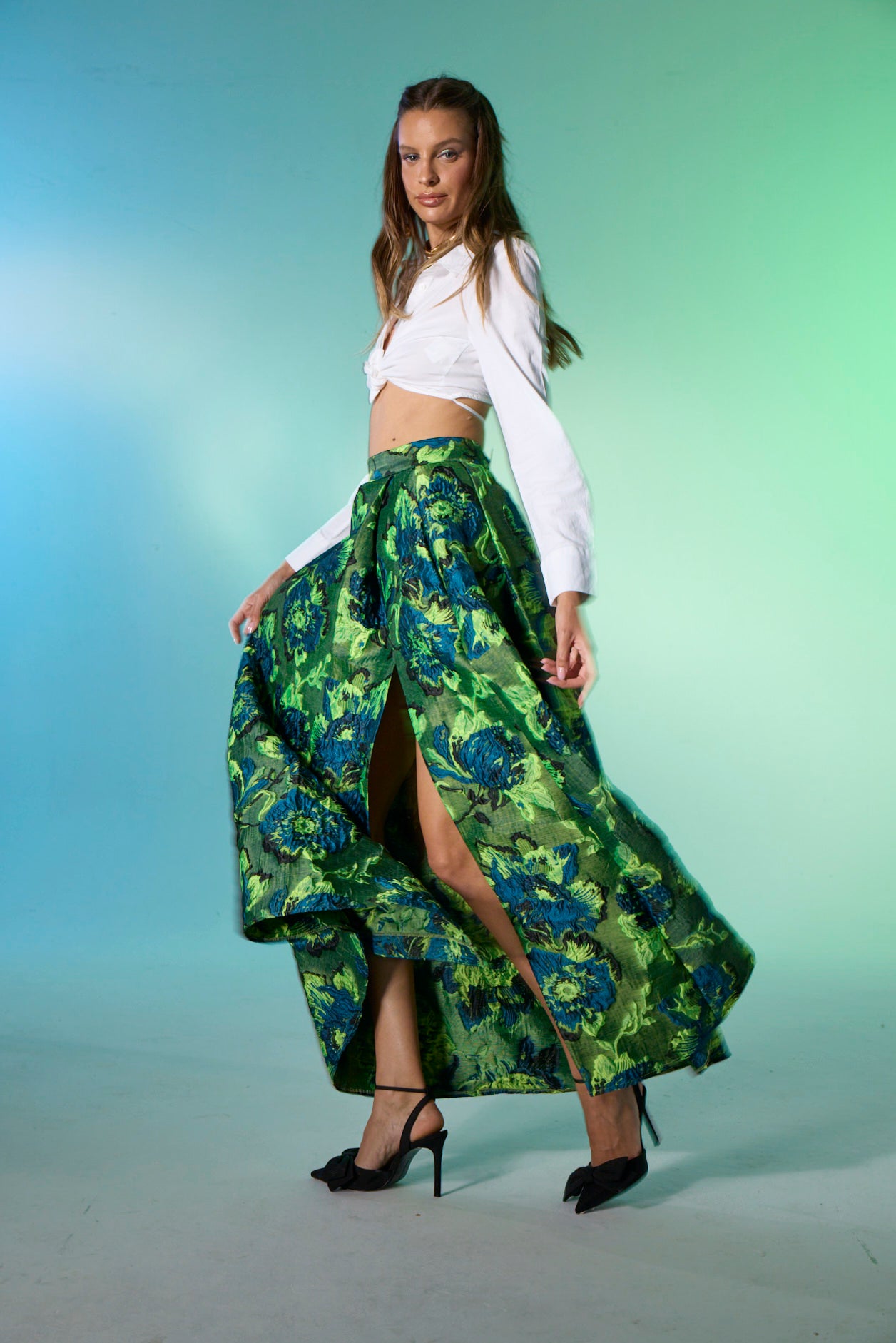 Dollie Bell-Top Star Pileli Yırtmaçlı Maxi Etek / Mavi Yeşil-Flaming Star, Platform-4-Milagron.com