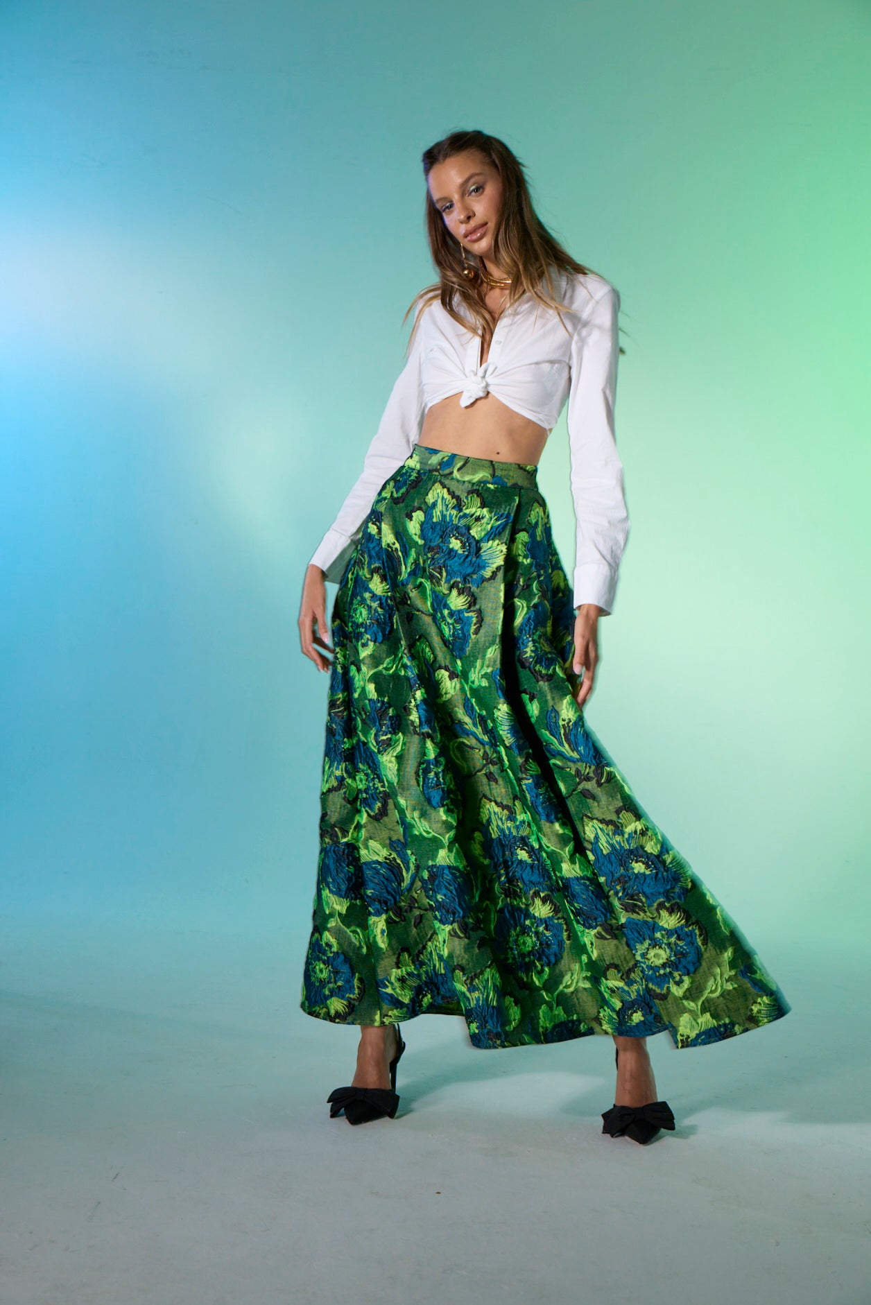 Dollie Bell-Top Star Pileli Yırtmaçlı Maxi Etek / Mavi Yeşil-Flaming Star, Platform-6-Milagron.com