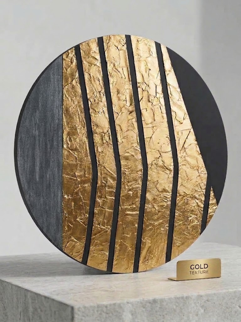 Altın Gece – Gold Yuvarlak Soyut Mix Media | El Yapımı Orijinal Akrilik Tablo | Es Artisan Studio