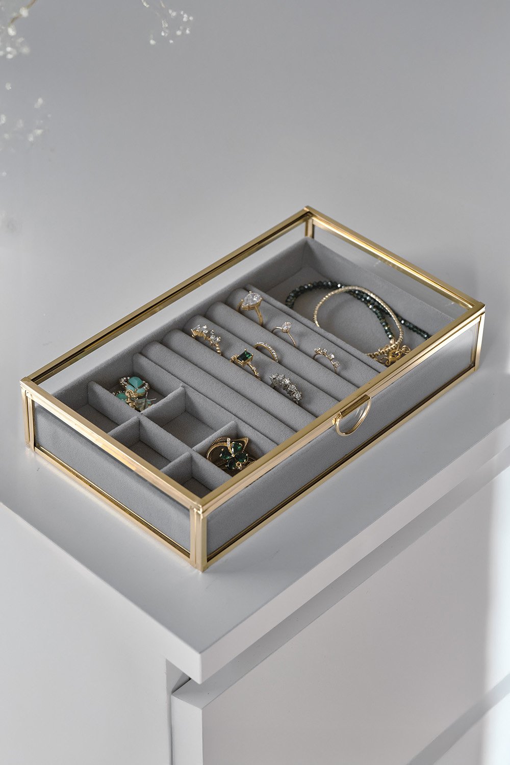 El Crea Designs-Organizer | Kadife | Bölmeli | Cam | Pirinç & Gold-Takı Standı-2-Milagron.com