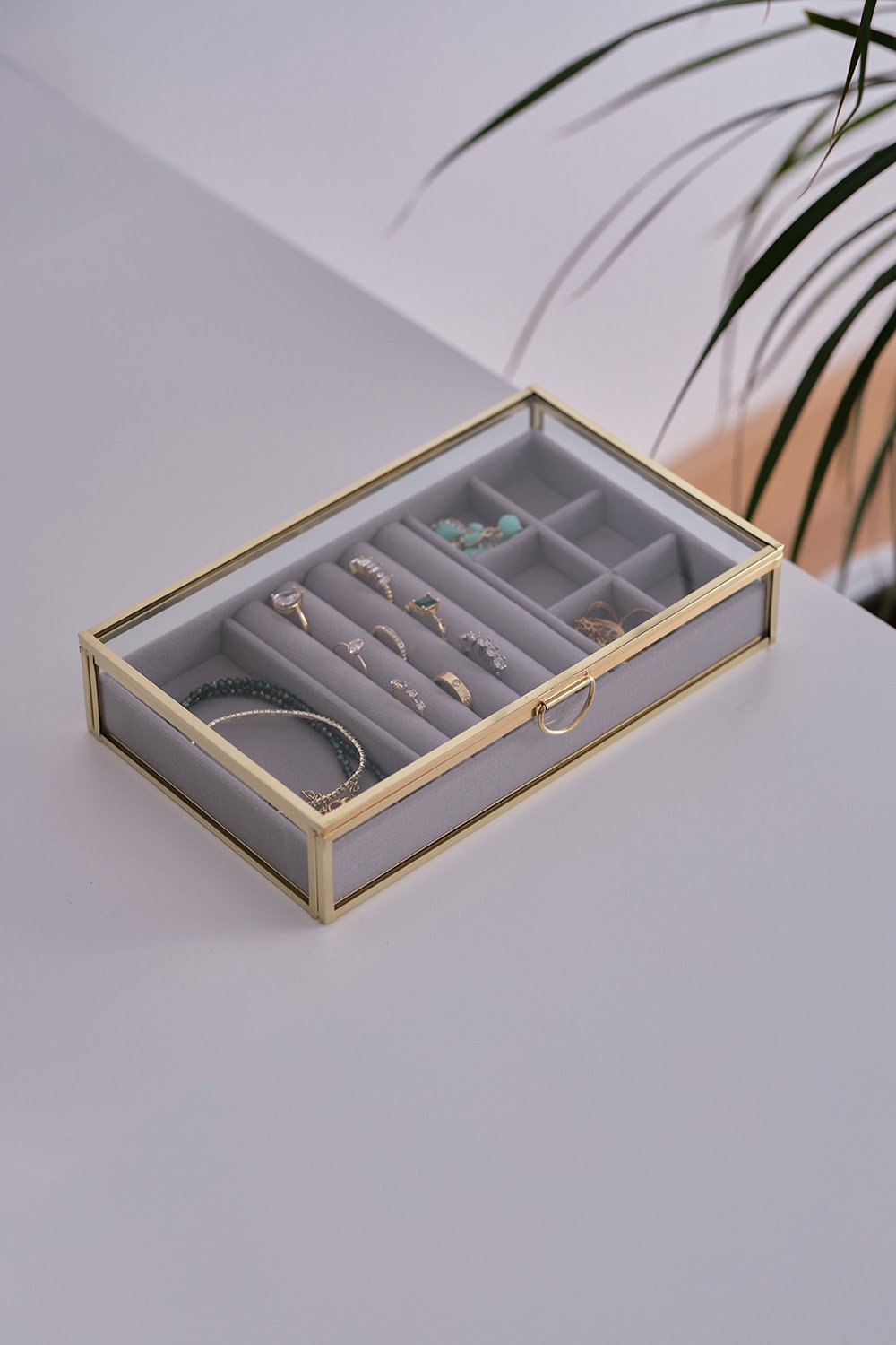 El Crea Designs-Organizer | Kadife | Bölmeli | Cam | Pirinç & Gold-Takı Standı-3-Milagron.com