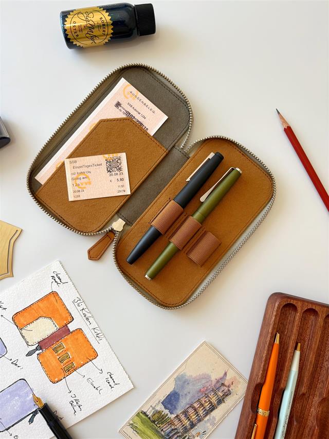 Eng Leather-Deri Koleksiyonu 3'lü Kalem Çantası Olive Tan-Deri Kalem Çantası-2-Milagron.com