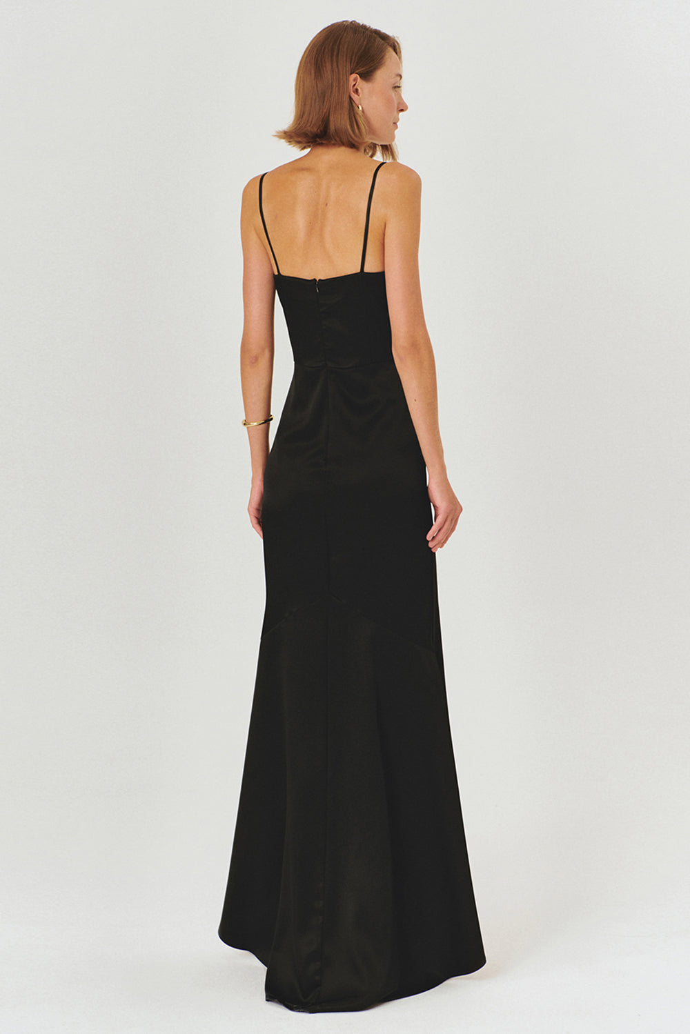 Exquise-Askılı A Kesim Regular Fit Siyah Saten Maxi Elbise-ELBİSE-5-Milagron.com