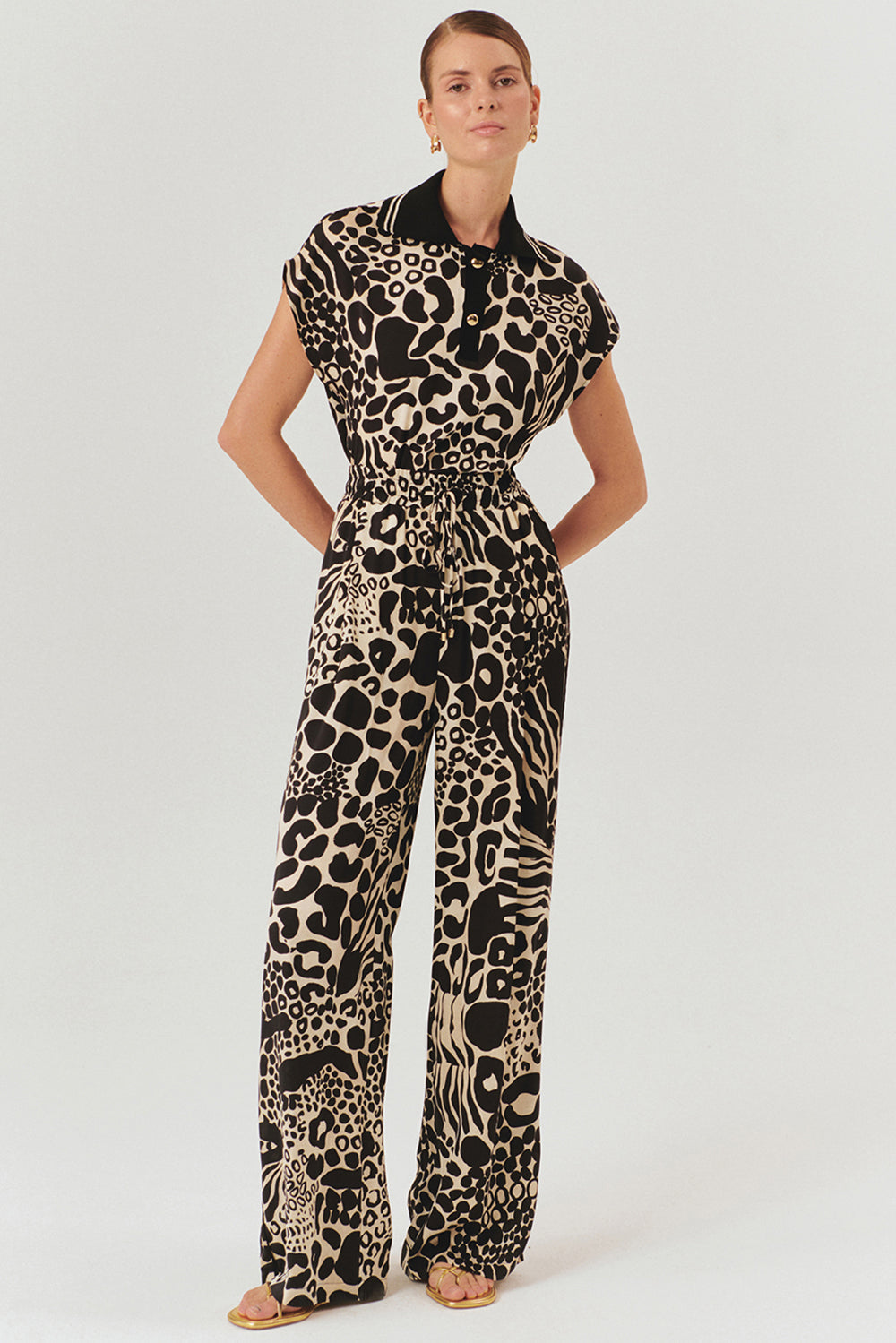 Exquise-Ayarlanabilir Bağcıklı Yüksek Bel Desenli Bol Kesim Pantolon-Pantolon-2-Milagron.com