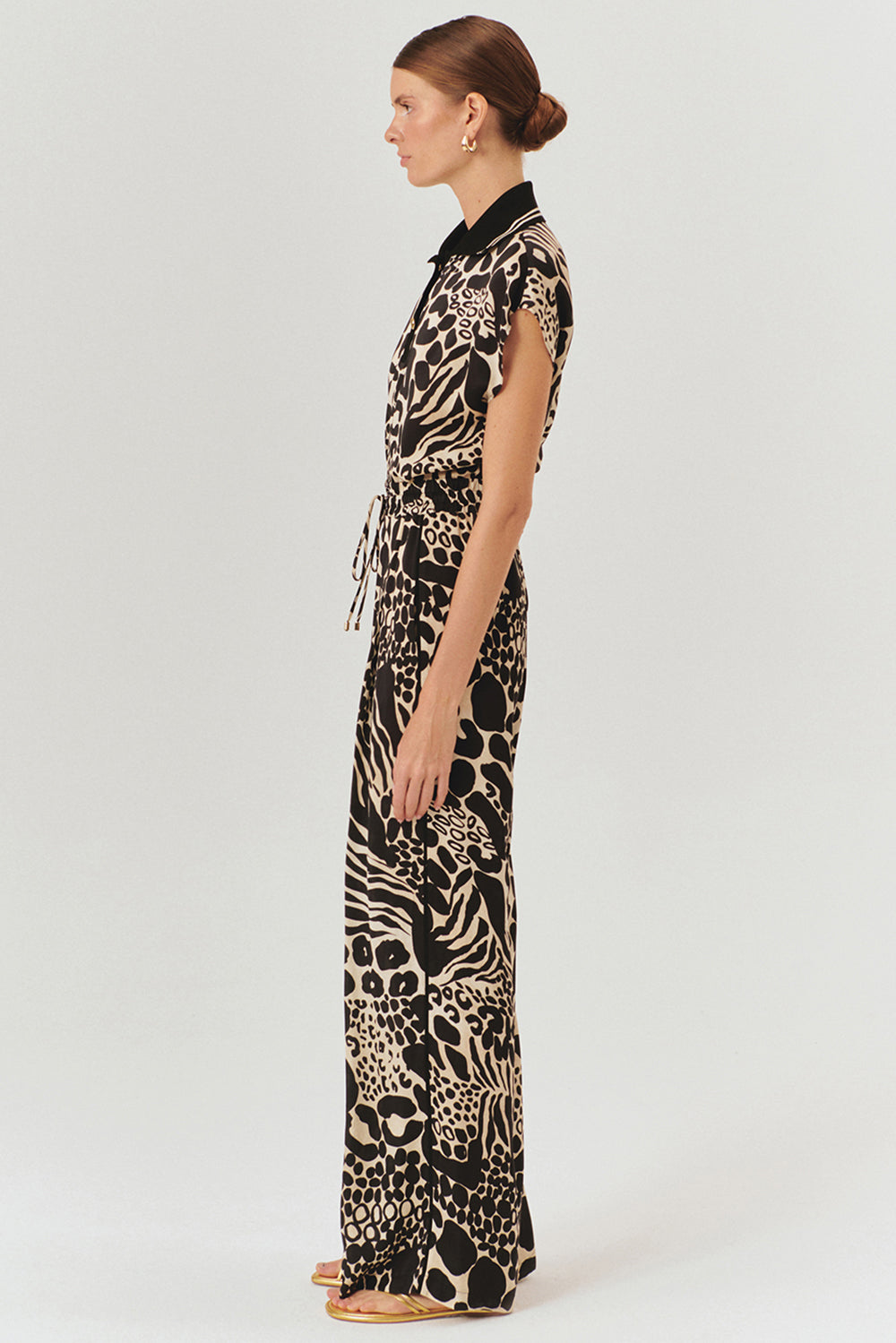 Exquise-Ayarlanabilir Bağcıklı Yüksek Bel Desenli Bol Kesim Pantolon-Pantolon-3-Milagron.com