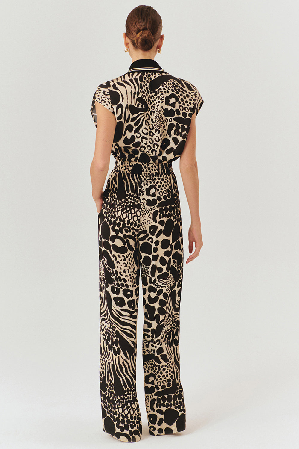 Exquise-Ayarlanabilir Bağcıklı Yüksek Bel Desenli Bol Kesim Pantolon-Pantolon-4-Milagron.com