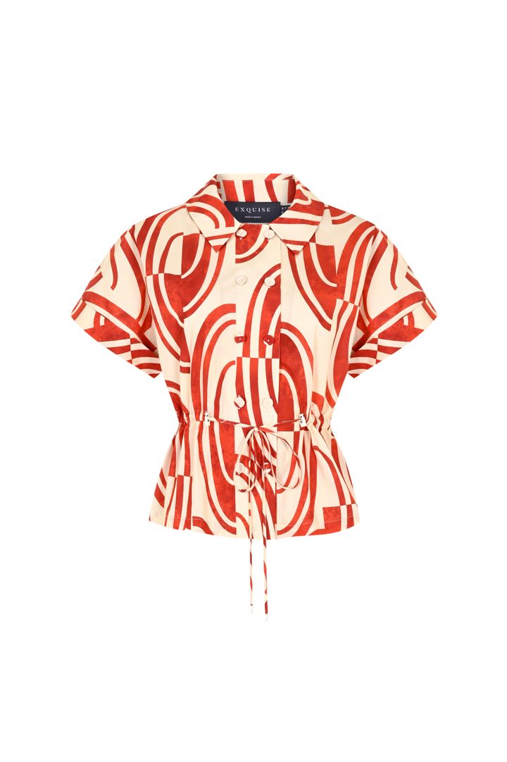 Exquise-Bağcık Detaylı Soyut Desenli Kahve Bej Regular Fit Pamuklu Gömlek-Gömlek-13-Milagron.com