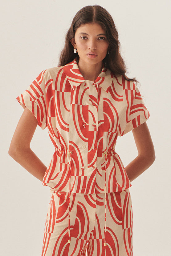 Exquise-Bağcık Detaylı Soyut Desenli Kahve Bej Regular Fit Pamuklu Gömlek-Gömlek-8-Milagron.com