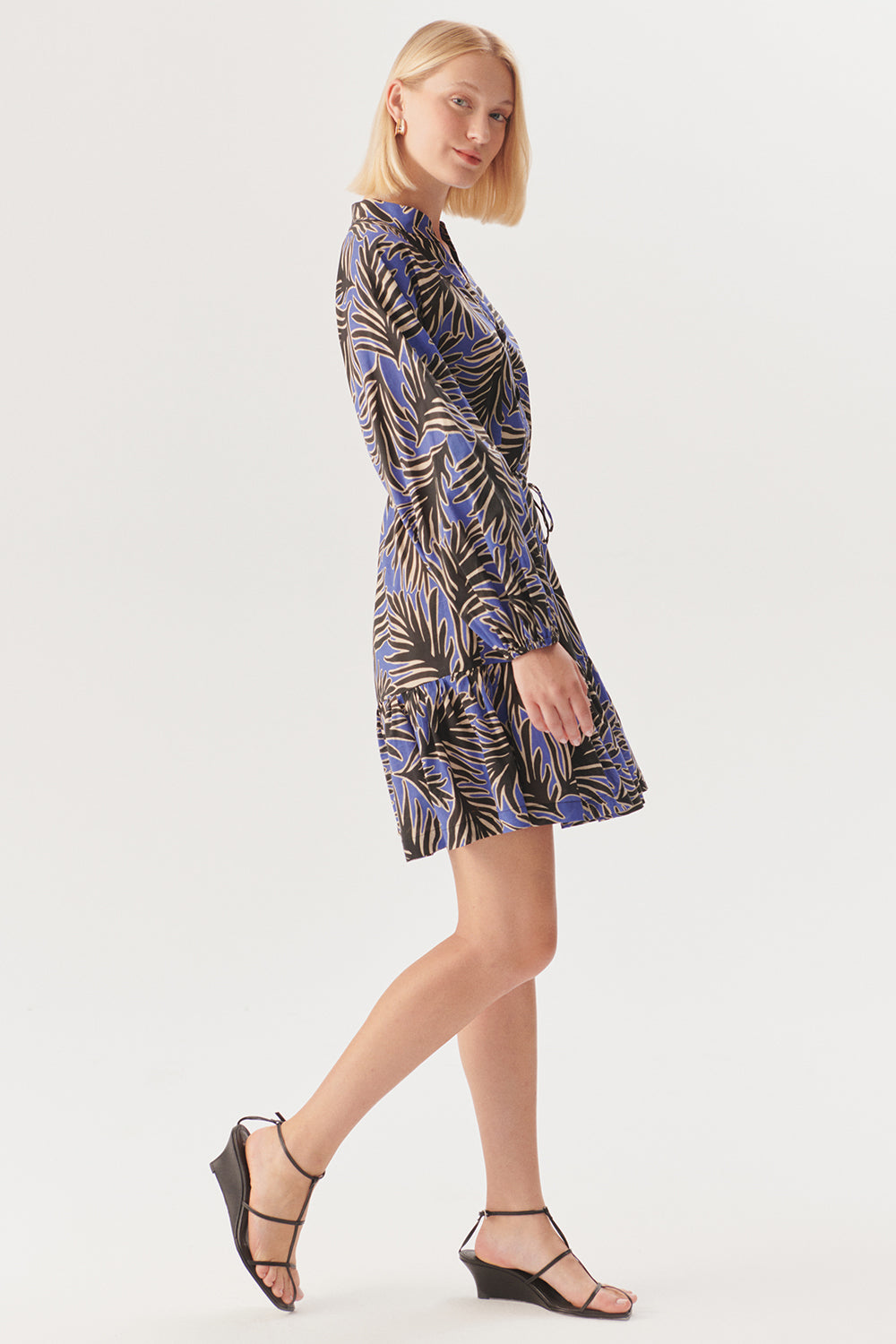 Exquise-Bağcık Detaylı Yaprak Desenli Rahat Kesim Pamuklu Mini Elbise-Elbise-3-Milagron.com