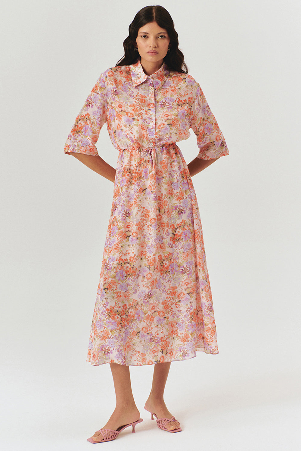 Exquise-Bağcık Detaylı çiçek Desenli Midi Gömlek Elbise-ELBİSE-1-Milagron.com