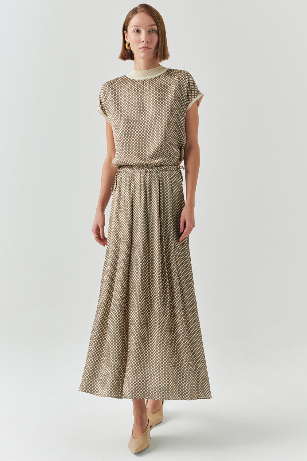 Exquise-Bağcıklı Beli Lastikli Desenli Regular Midi çok Renkli Etek-ETEK-1-Milagron.com