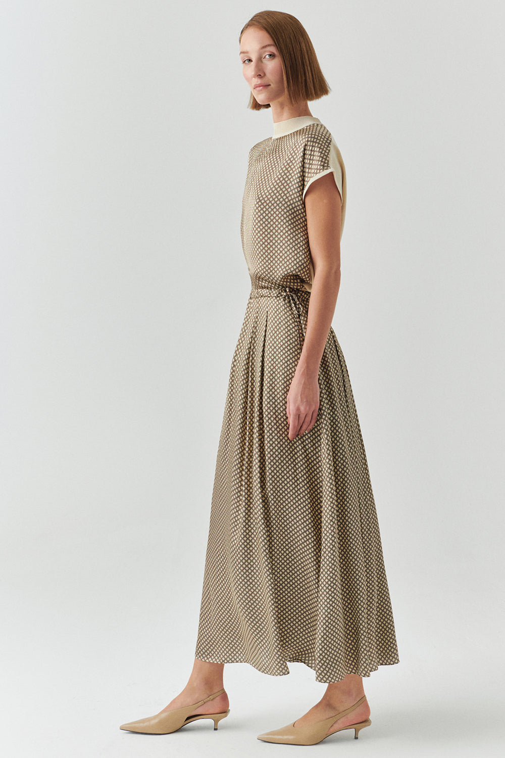 Exquise-Bağcıklı Beli Lastikli Desenli Regular Midi çok Renkli Etek-ETEK-3-Milagron.com