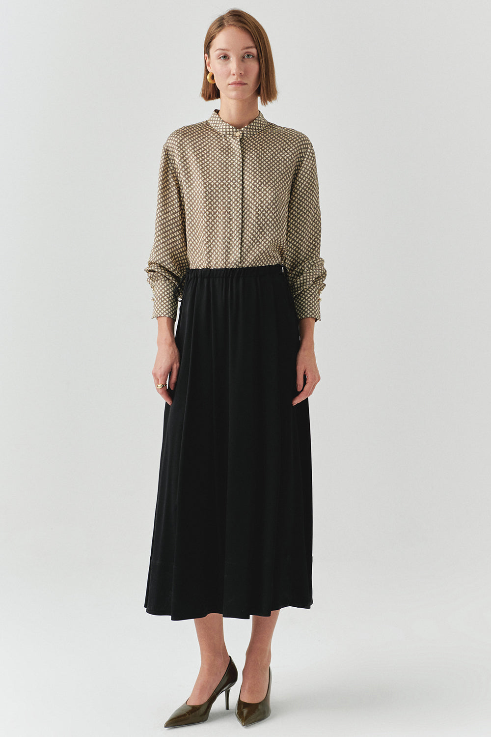 Exquise-Bağcıklı Cepli Regular Mat Saten Midi Siyah Etek-ETEK-1-Milagron.com