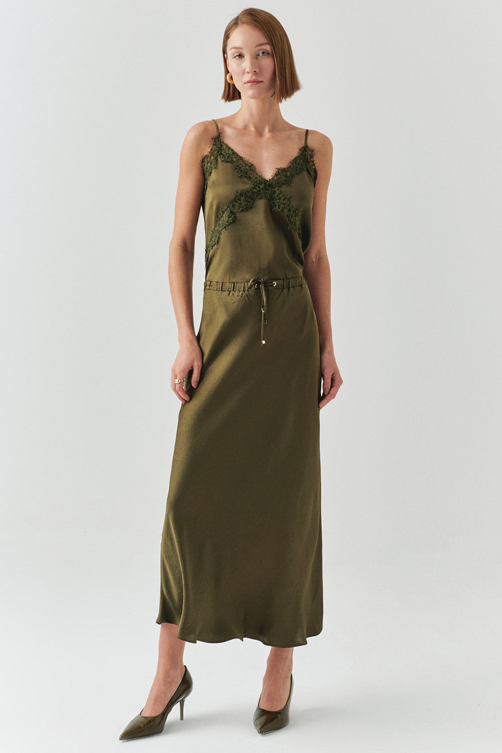 Exquise-Bağcıklı Regular Saten Midi Haki Etek-ETEK-1-Milagron.com