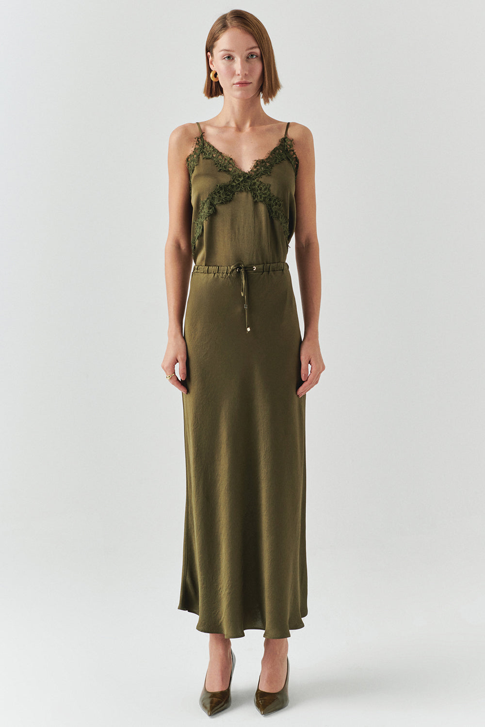 Exquise-Bağcıklı Regular Saten Midi Haki Etek-ETEK-2-Milagron.com