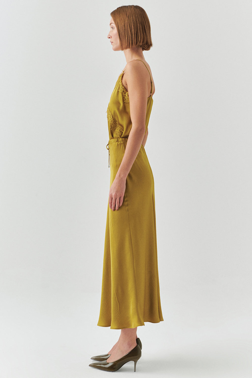 Exquise-Bağcıklı Regular Saten Midi Lime Etek-ETEK-2-Milagron.com