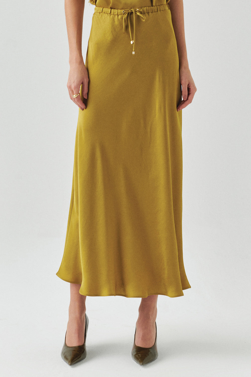 Exquise-Bağcıklı Regular Saten Midi Lime Etek-ETEK-4-Milagron.com