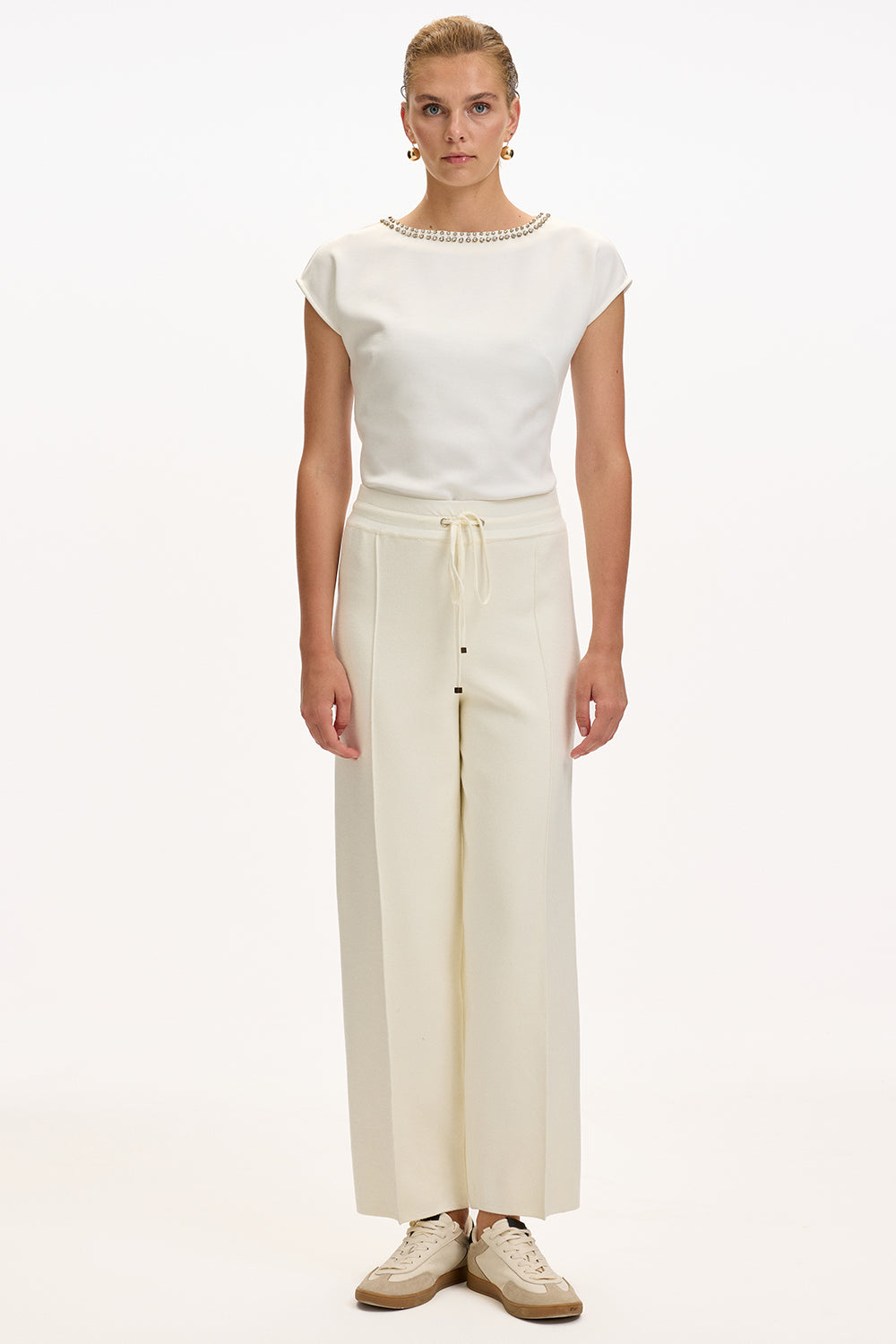 Exquise-Bağcıklı Regular Triko Ekru Pantolon-1-Milagron.com