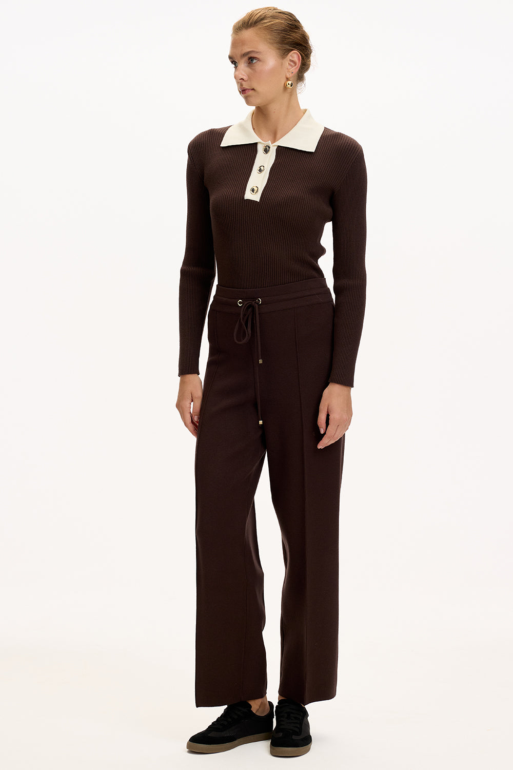 Exquise-Bağcıklı Regular Triko Kahve Pantolon-1-Milagron.com