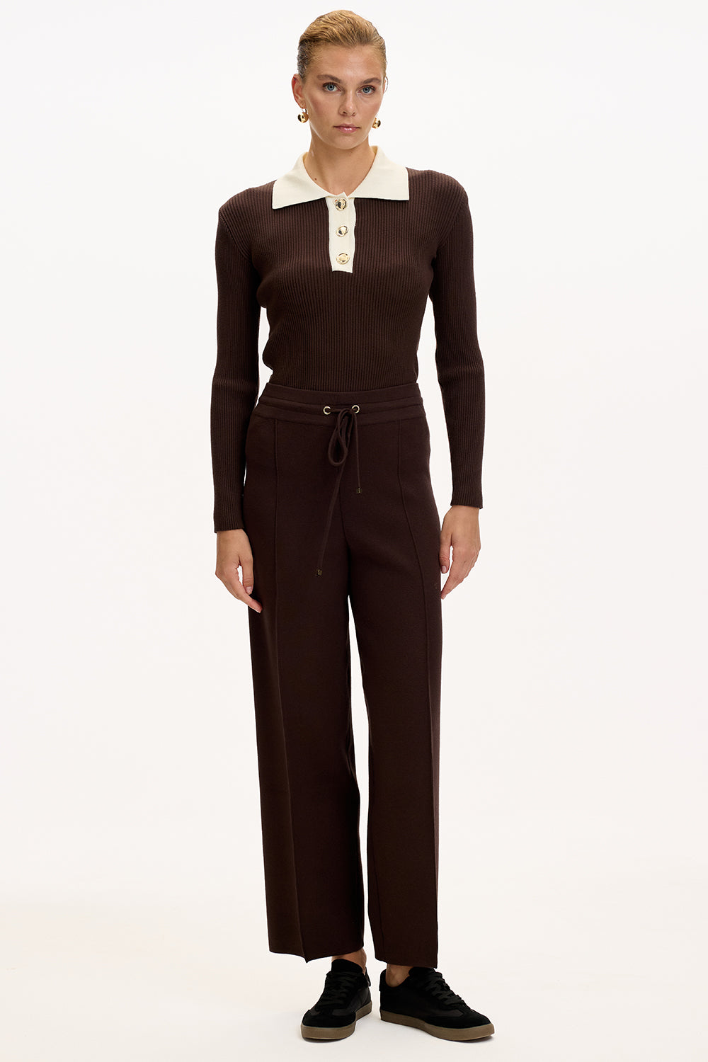 Exquise-Bağcıklı Regular Triko Kahve Pantolon-4-Milagron.com