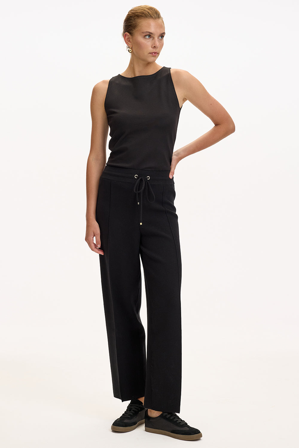 Exquise-Bağcıklı Regular Triko Siyah Pantolon-1-Milagron.com