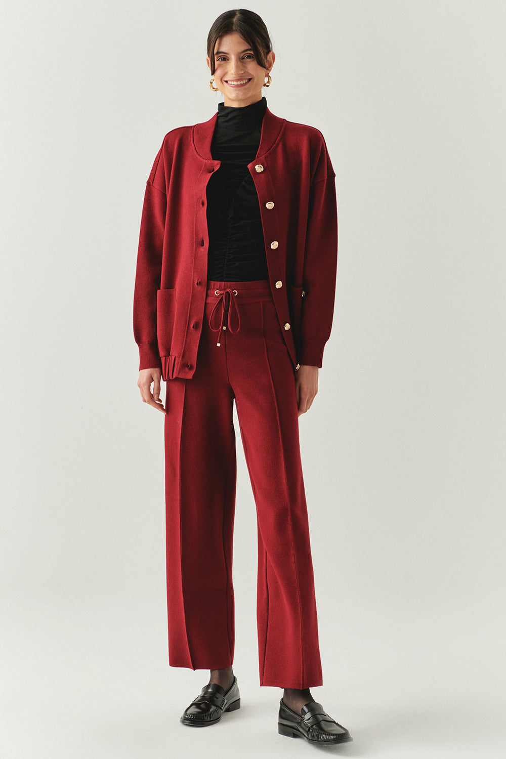 Exquise-Bağcıklı Regular Triko Vişne Pantolon-PANTOLON-4-Milagron.com