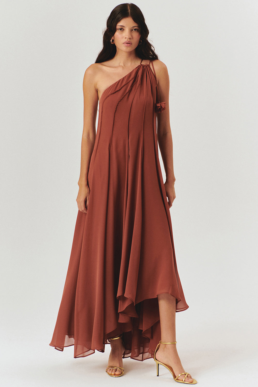 Exquise-Bağlama Detaylı A Kesim Pileli Kahverengi Elbise-ELBİSE-2-Milagron.com