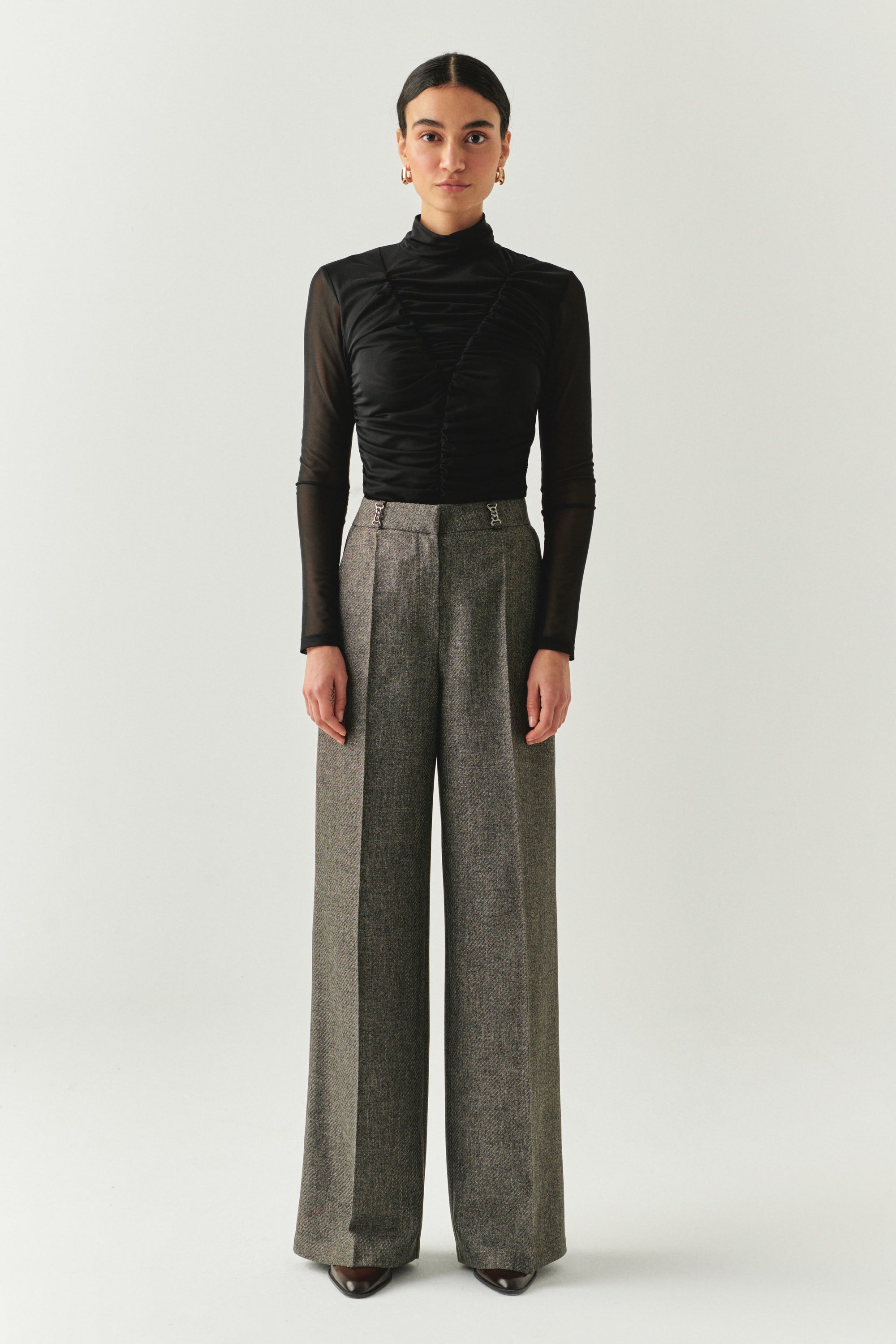 Exquise-Balık Sırtı Desenli Yüksel Bel Geniş Paçalı Cepli Regular Dokuma Duman Pantolon-PANTOLON-1-Milagron.com