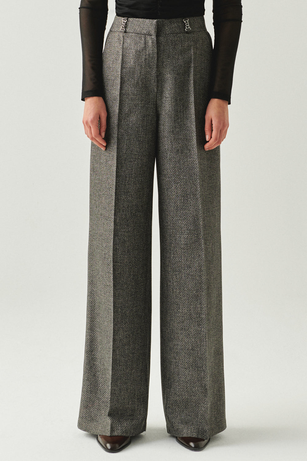 Exquise-Balık Sırtı Desenli Yüksel Bel Geniş Paçalı Cepli Regular Dokuma Gri Pantolon-PANTOLON-5-Milagron.com