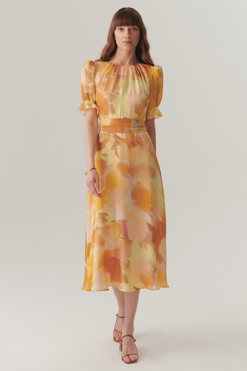 Exquise-Balon Kol Bisiklet Yaka Bele Oturan Soyut Desen Midi Elbise-ELBİSE-1-Milagron.com